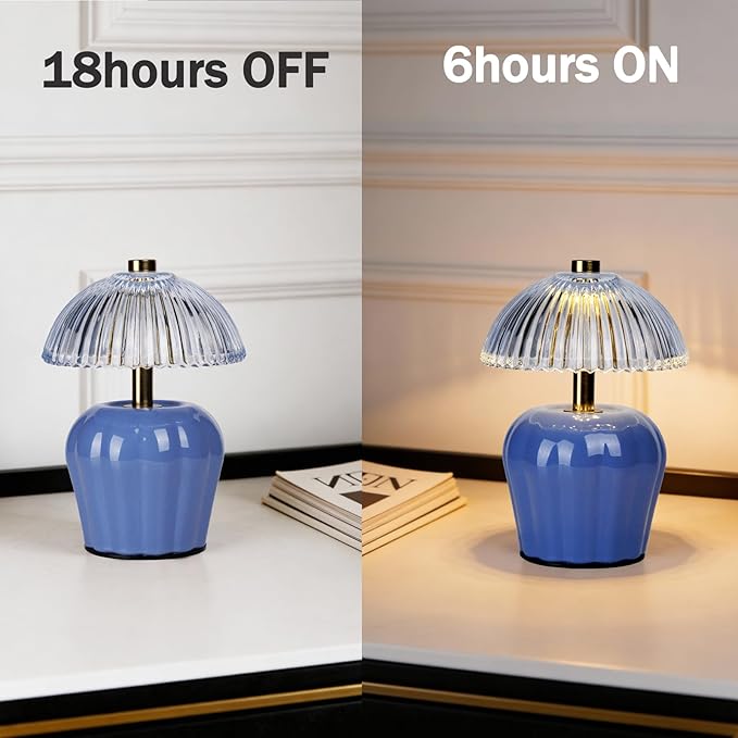 MJ PREMIER Small Cordless Lamp, Battery Operated Lamp with Timer, Mini Crystal Glass Mushroom Lampshade, Cute Small Table Lamps, Decorative Led Light for Bedroom Living Room Shelf (Blue)