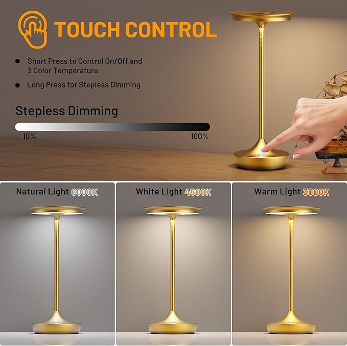 LED Cordless Table Lamps Rechargeable - Outdoor 6000mAh Battery Operated Portable Tables Light 3 Color Stepless Dimming Lamp with Memory Function for Patio Restaurant Dining Gold