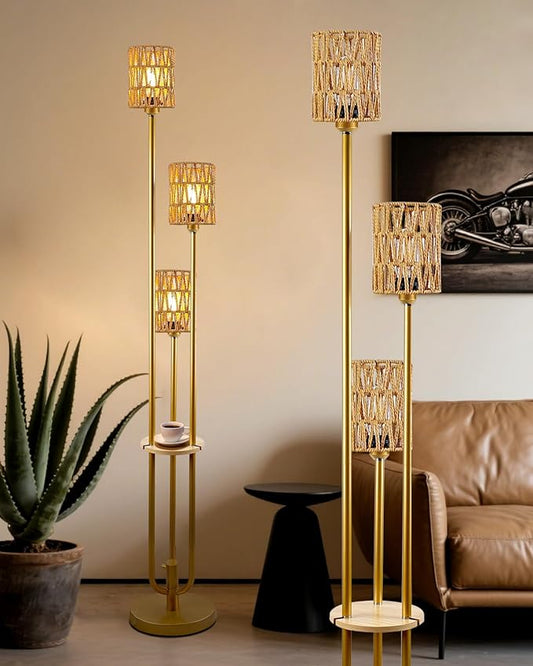 Lightdot Dimmable Boho Floor Lamps for Living Room, 3-Lights Rattan Floor Lamp with Shelves, Farmhouse Floor Lamp, Rustic Gold Standing Lamp with Warmwhite Bulbs Included for Sofa Beside/Corner Decor