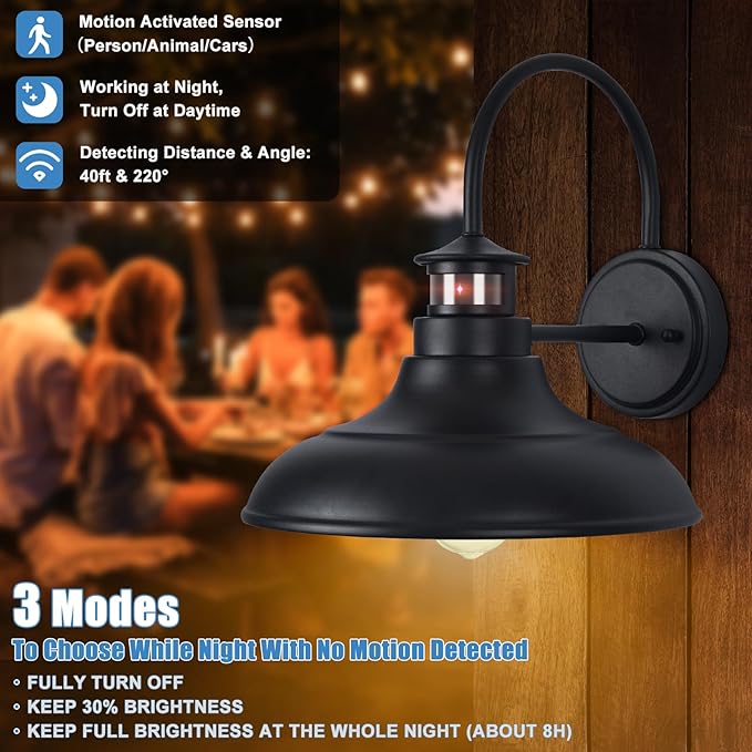 Motion Sensor Outdoor Barn Lights - Dusk to Dawn Farmhouse Gooseneck Barn Light, 12" Large Black Porch Light Fixture Wall Mount, Exterior Wall Lighting Fixture for Garage Patio Doorway, 1 Pack