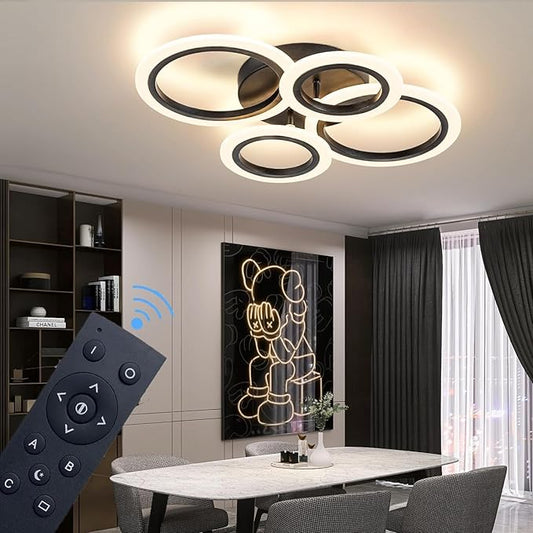 34W Modern LED Ceiling Light, 3000K-6000K Dimmable Ceiling Lighting Fixtures Ceiling Mount 4 Rings Black LED Chandelier Bedroom Lights Flush Mount with Remote for Kitchen, 2720LM