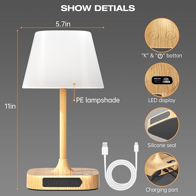 Lightbiz Outdoor Table Lamp, Shower Lamp with 8000mAh Cordless Rechargeable Battery, IP55 Waterproof, 3 Colors & 5 Brightness, Dimmable LED Display Bath Lamp for Camping,Bedroom,Patio,Bathroom(Wood)