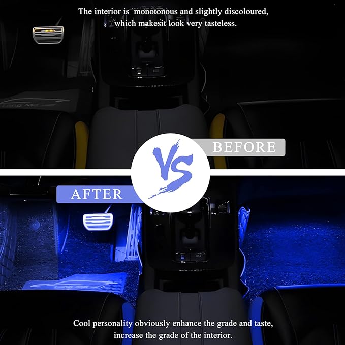 Car LED Strip Light, 12V 24 LEDs Auto Interior Atmosphere Lamp with USB Port, Vehicle Under Dash Ambient Neon Night Light Decorative Strip, Universal Car Accessories (Blue)