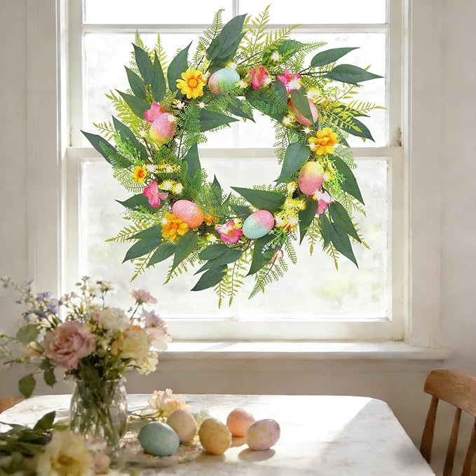 20 Inchs Easter Wreath for Front Door, Decor with Easter Eggs, Flowers & Leaves, Come with Hanger/Hook, 50LED Lights, Timer, for Outdoor Indoor Wall Window, for Spring Summer Hoilday, Gift