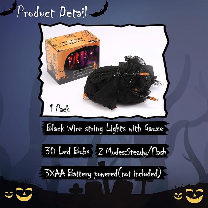 Halloween Fairy String Lights Indoor,Orange Battery Operated Lights, 30LED Battery Powered Timer 8 Mode 9.9Ft, Fall Garland with Black Cloth Gauze for Party Room Mental Fireplace Decorations (1PACK)