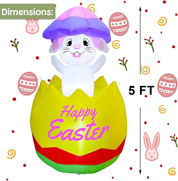 Joliyoou 5FT H Easter Inflatable Outdoor Decoration, Air-Blown Bunny in Egg with Shell on Head, Blow Up Rabbit with Built-in LED Lights for Lawn Yard Garden Holiday Party Indoor Outdoor Decor