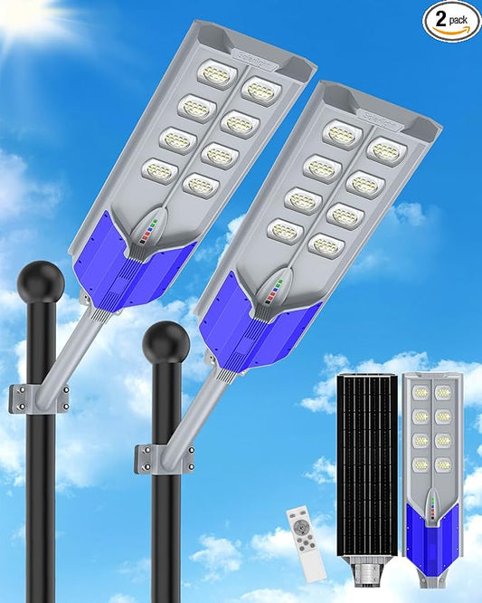 AIKVSXER S-10000W Solar Street Lights Outdoor, 6500K Commercial Dusk to Dawn Parking Lot Light, Waterproof IP67 Solar Security Flood Lights with Motion Sensor and Remote for Street,Road,Yard, 2 Pack