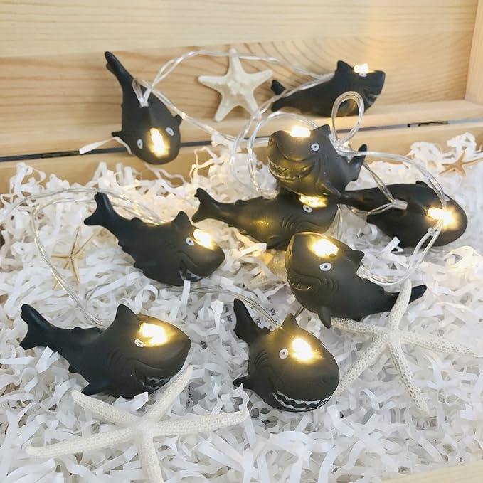 5.4 FT Black Shark String Lights, 10 LED Warm White Black Theme Halloween Night Light, Battery Operated for Home Party Decoration