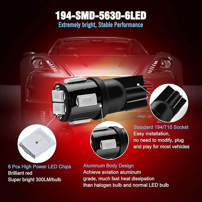 194 LED Bulbs Extremely Bright Brilliant Red 5630 Chipsets 168 2825 175 T10 W5W LED Replacement Bulbs for Interior Map Dome Courtesy Door License Plate Lights(Pack of 10)