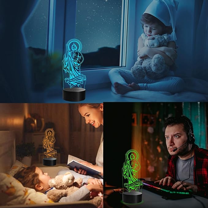 San Judas Tadeo Night Light, Judas Tadeo Decor, 3D Illusion Lamp with Remote Control, 16 RGB Colors, 4 Flashing Modes, Timer, Kids Room Decor