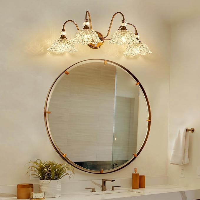 Vintage Matte Brass Finish Bathroom Vanity Light, 4-Light Vanity Light with Floral Glass Shades, Retro Wall Mount Lighting for Bathroom, Dressing Table