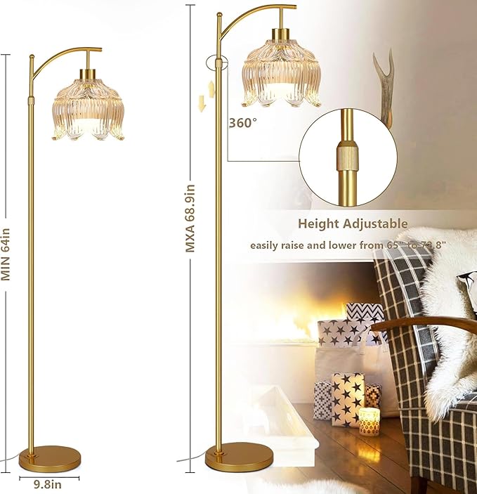 Floor Lamp for Living Room,Bedroom,Gold Dimmable Standing Lamp with Remote,Mid Century Modern Brass Tall Lamp Boho Floor Lamps Arc Stained Glass Tulip Flower Floor Light Lamp Girls Bohemian
