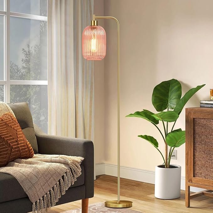 Pink Floor Lamp for Living Room,Bedroom,Gold Dimmable Standing Lamp with Remote,Mid Century Modern Brass Tall Lamp Retro Vintage Glass Lamp Floor Light Boho Bohemian