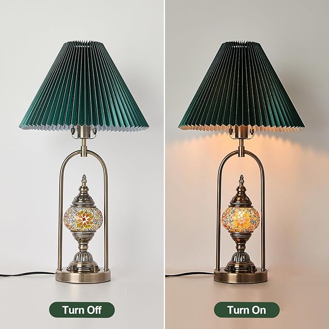 beaysyty Vintage Mosaic Table Lamp Set of 2, 25.2 Inch Decorative Bedside Lamps with Pleated Shade, USB Charging Ports, Colored Glass Globe Night Light, Bronze Gold Finish and Green lampshade