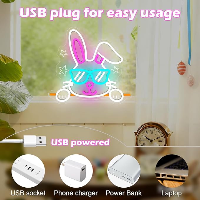 Bunny Neon Sign Happy Easter Neon Light for Home Dimmable Easter Decorations Neon Wall Art Glasses Rabbits LED light Sign for Bar Office Shop Bunny Window Lights Glow in The Dark Bunny