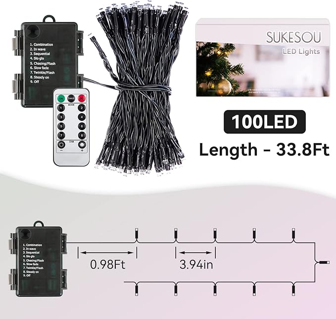 Outdoor Christmas String Lights 33Ft 100LED Battery Fairy Lights for Indoor Outdoor Waterproof Remote Timer 8Modes String Lights for Garden Party Holiday Xmas Trees Décor (Cold White)
