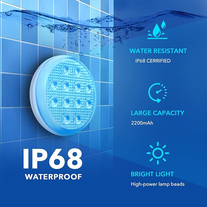 Geekman Rechargeable Underwater LED Lights with Remote, IP68 Waterproof 16-Color Ambient Pool Lights, USB-C Powered with Integrated Battery, Featuring Magnets/Suction Cups (1Pack)