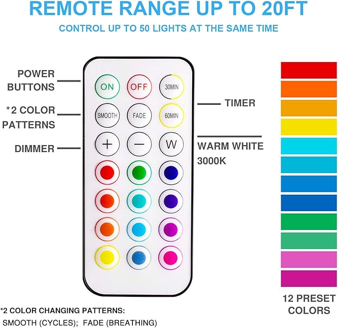 BLS LED Puck Lights with Remote Control, Wireless Under Cabinet & Closet Lighting, RGB 13 Color Changing Lights with Dimmer, Timer & AA Battery Operated, Push, Touch, Stick on for Night, White, 6 Pack