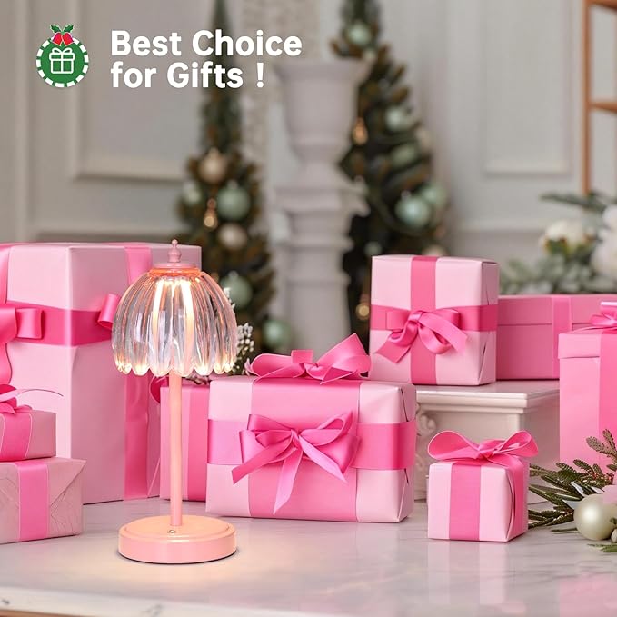 Rechargeable Table Lamp with 5200mAh Battery & Touch Control - 3 Adjustable Color Temperatures, Cordless Dimmable Table Light for Bedroom, Office Desk, Nightstand (Clear Pink,Pink Base)