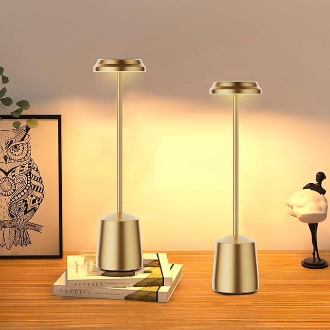 Aluminum LED Cordless Gold Table Lamps Set of 2, Portable Rechargeable 5000mAh Battery Operated Table Light, 3 Color Stepless Dimming Touch Control, Desk Lamp for Dinner/Restaurant/Bars/Coffee Shop