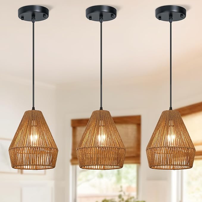 3 Packs Rattan Pendant Light, 9” Boho Black Hanging Light Fixture Kitchen Island, Natural Hand-Woven Pendant Light, Adjustable Farmhouse Chandelier For Sink Island Bar Foyer Bedroom Dining Room