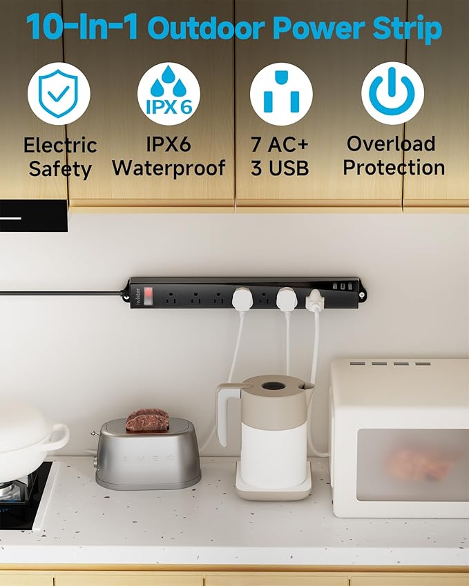 Outdoor Power Strip Weatherproof IPX6,1625W/13A 10 Ft Extension Cord with Multiple Outlets,7 AC & 3 USB, Wall Mount for Camping,Poolside,Garden,Workshop,Black