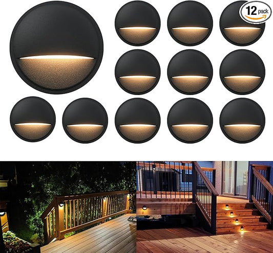 GKOLED 12 Pack Low Voltage LED Deck Lights, Landscape Step Lights Fixtures, 2W Integrated LED Chips, Die-cast Aluminum 12V AC/DC Railing Post Accent Lighting, Black Powder Coated Finish, UL-Listed