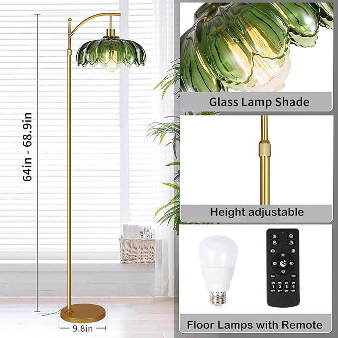 Gold Floor Lamp for Living Room,Bedroom,Mid Century Modern Standing Lamp with Remote,Dimmable Brass Tall Lamp Green Glass Lamp Vintage Retro Arc Floor Lamps Flower Floor Light Boho Bohemian