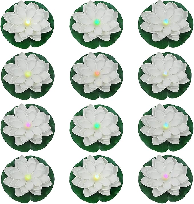 LACGO 12 PCS Floating Lotus Lights - Artificial LED Lotus Waterproof Battery Operated Water Activated Color Changing Fake Lily Pad Lights for Pool Pond Lantern Garden Outdoor Decor