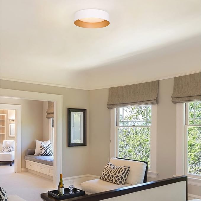 Bargeni LED Ceiling Light Fixture,12.5 inch Flush Mount Light Fixture,Matte White with Gold Inside,Dimmable 3000K/Warm White/18W(100w Equiv.),Outdoor Lighting Fixtures Ceiling for Bedroom and Hallway