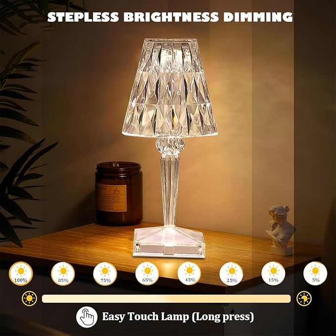 Crystal Cordless Lamp, Touch Dimmable 3 Color LED Rechargeable Romantic Small Lamp, Battery Operated Decor Night Light for Bedroom, Living Room, Party, Dinner, Bar