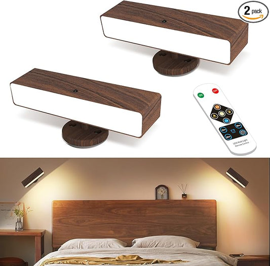 Battery Operated Wall Sconces Set of 2: Wireless Rechargeable Wall Light with Remote&Button, 360° Rotate Magnetic Scone Lighting LED Wall Mount Sconce Lamp for Bedroom Bedside Reading, Wood