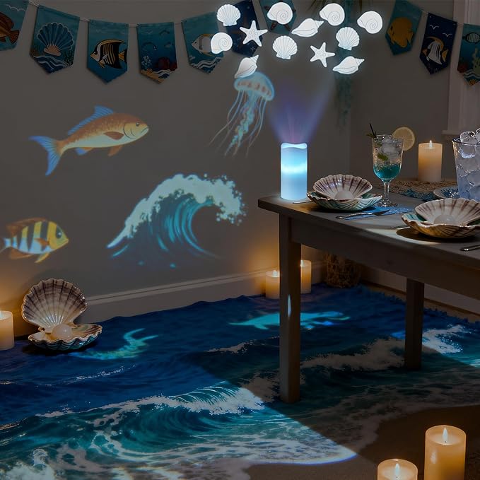 Coastal Ocean Flameless Candle Projector Light Decor Summer Seashell LED Candle Battery Operated Night Light with Remote Timer for Wedding Seaside Beach Coastal Bachelorette Birthday Room Decoration