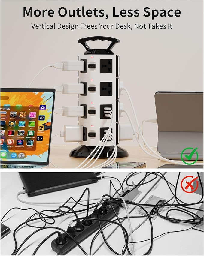 Power Strip Tower with 14 Outlets, 4 USB-A & 2 USB-C Ports, 1875W/15A Heavy Duty Charging Station for Multiple Devices, Plug Tower with 6ft Extension Cord, for Home, Office, Dorm