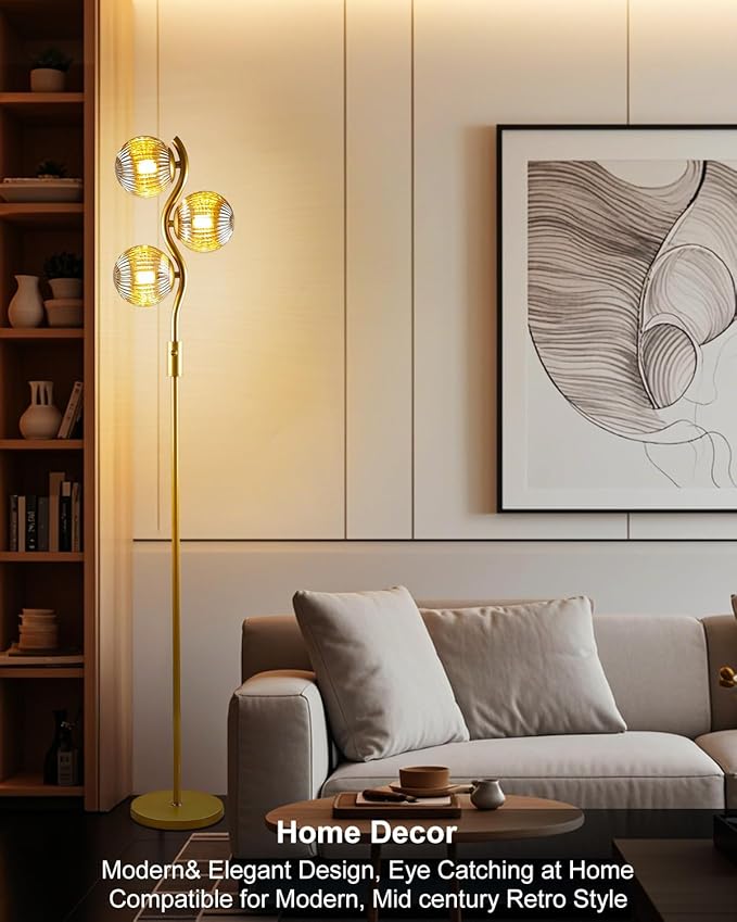 Lightdot 60IN Dimmable Gold Floor Lamp with 3 Glass Globe Mid Century Standing Lamps with 3Pcs 3000K Bulbs Included Stepless Brightness Adjustable Modern Tall Lamp for Bedroom/Sofa Beside/Corner Decor