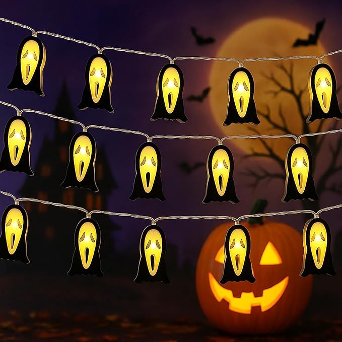 KEPATO Halloween String Lights, 9.8 FT 20 LED Spooky Ghost Decorative Lights for Indoor Outdoor Halloween Party Yard Porch Decor