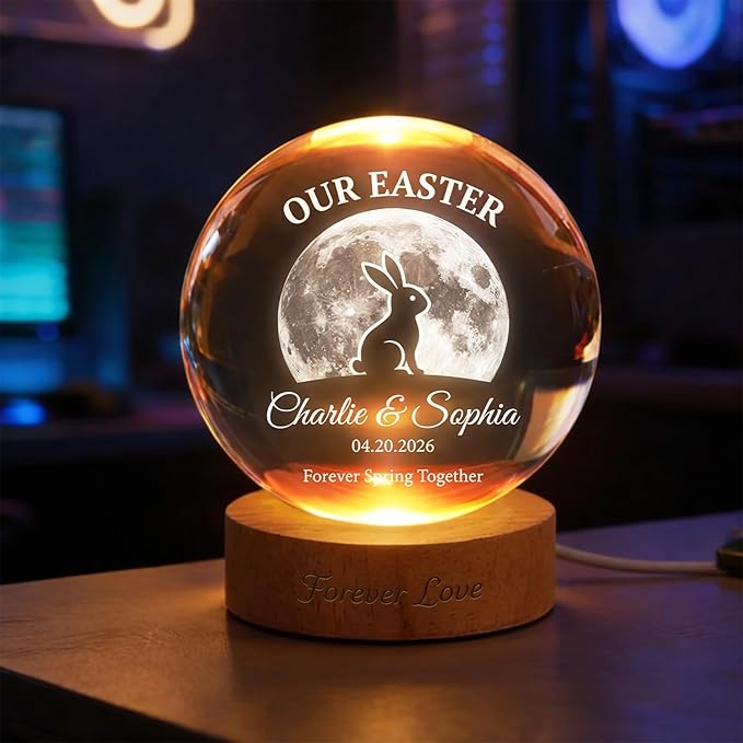 Personalized Our Easter Crystal Ball LED Night Light, Custom Couple Name Bunny Moon Glass Globe Lamp with Wooden Base, Romantic Easter Keepsake Gift for Him Her Anniversary Décor