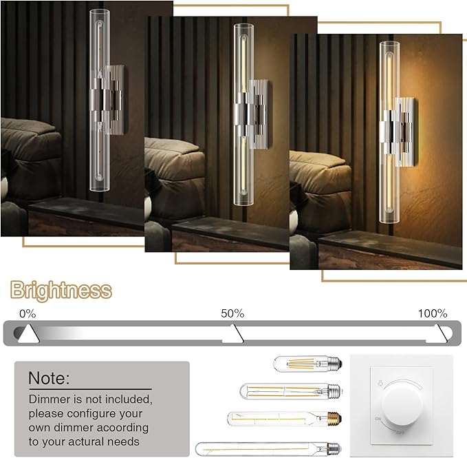 YUYI Nickel Wall Sconces Set of Two, 22.8'' Indoor Sconces Wall Decor Set of 2 with Clear Glass Shade, Bathroom Vanity Wall Lights for Bathroom Living Room Bedroom Hallway Fireplace Staircase