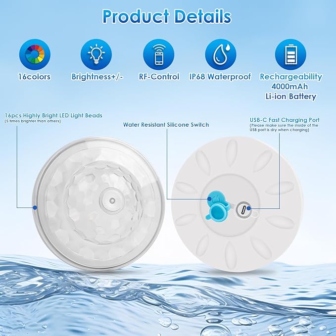 Floating Pool Lights, Pool Lights with 6 Dynamic Lighting Effects, IP68 Waterproof Underwater Light That Float, Rechargeable RGB Upper and Lower Color Changing Light for Inground Pool-6PACK