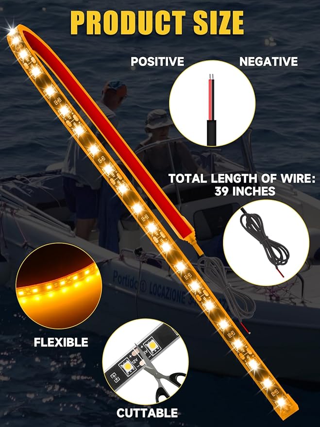 Led Light Strip Exterior Interior 24inch 5050 SMD Led Strip Light IP68 Waterproof Flexible Lights 12V for Car SUV Truck Marine Boat Golf Cart Yellow Pack of 4