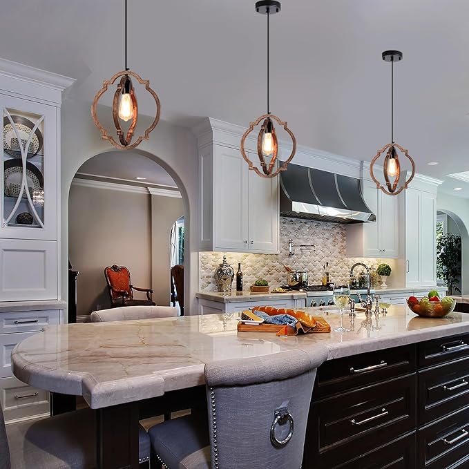 MWZ 3 Pack Farmhouse Pendant Lights Kitchen Island,Rustic 1-Light Small Distressed Wood Chandelier Light Fixture for Dining Room,Adjustable Hanging Light Fixture for Living Room Bedroom Foyer