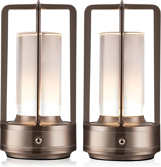 Portable Metal Table Lamp, Cordless Table Lamp, Rechargeable Battery Powered Portable LED Desk Lamp, 3 Color Stepless Dimming Touch, for Bedroom Restaurant Home Outdoor (2 Set of Silver)