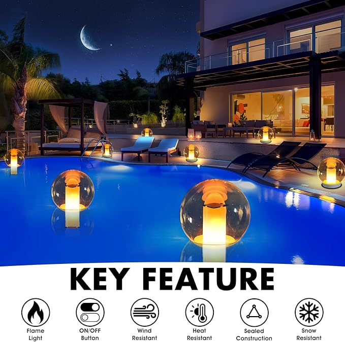 Floating Pool Lights, Solar Flame Lights Flickering IP68 Waterproof Ball Night Light, Outdoor Lantern Landscape Decoration Lamp for Pool, Pond, Event, Party, Garden(2pcs)