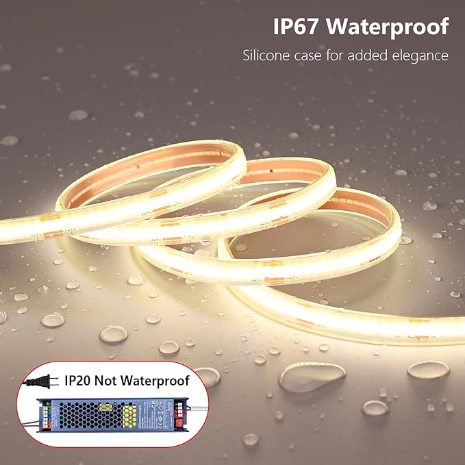 24V COB LED Strip Lights Outdoor Waterproof 65.6FT, 4000K Natural White Dimmable IP67 CRI 93 LED Rope Light with Power Supply for Bedroom Living Room Garden Commercial House