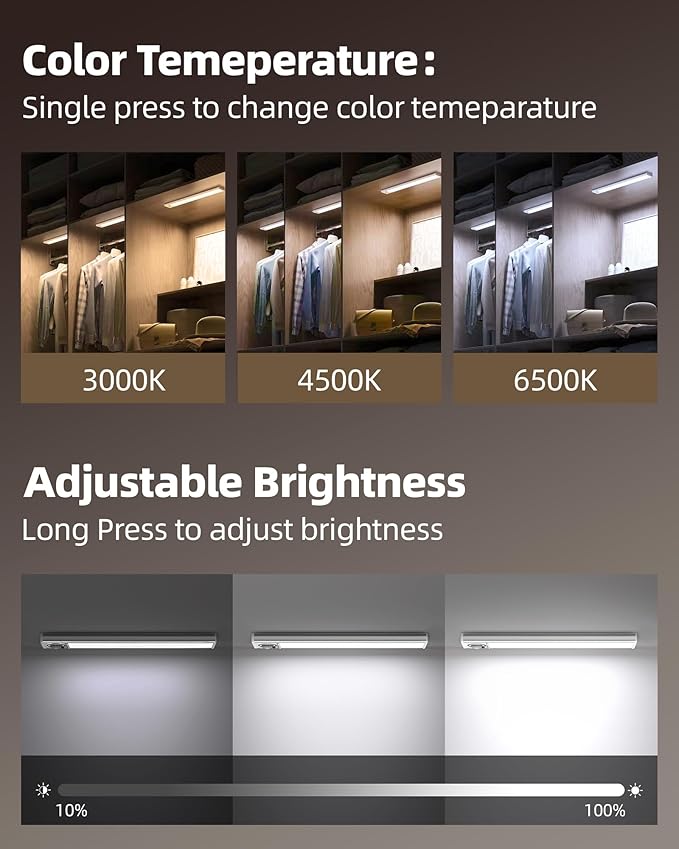 52LED Under Cabinet Lighting，1800mAH Rechargeable Battery Operatured Motion Sensor Light Indoor，3 Color Temps&Dimmable Wireless Closet Lights w/Remote for Kitchen，Counter，Stairs (2 Pack)