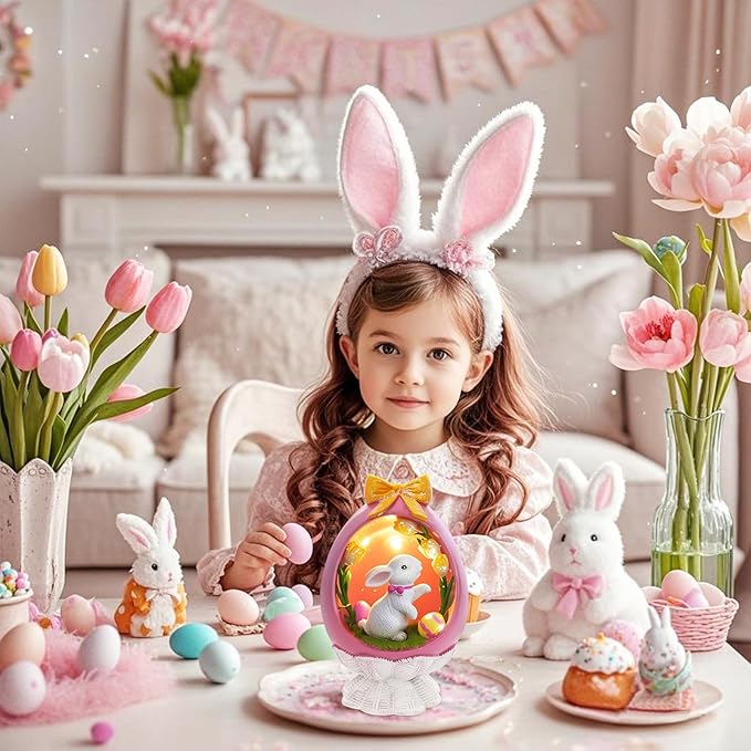 Pink Easter Bunny Figurine with LED, Resin Rabbit Figurines Easter Bunny Statue Spring Rabbit Desktop Decoration for Spring Home Room Party Decoration