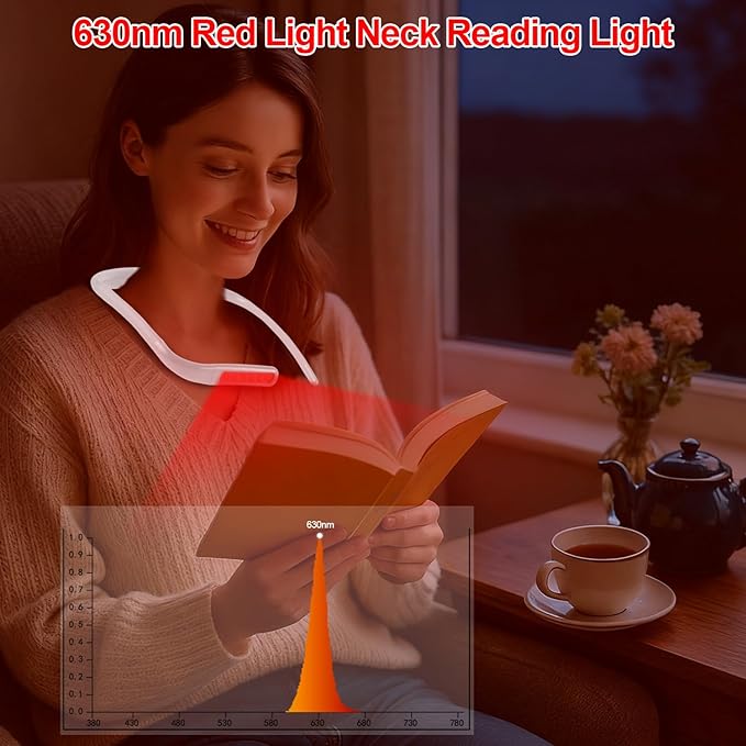 630nm Red Neck Reading Light - Zero Blue Light, Rechargeable Dimmable Portable LED Red Neck Book Lamp for Reading, Crafts, Crochet at Night, Ideal Gift for Readers and Craft Lovers（White