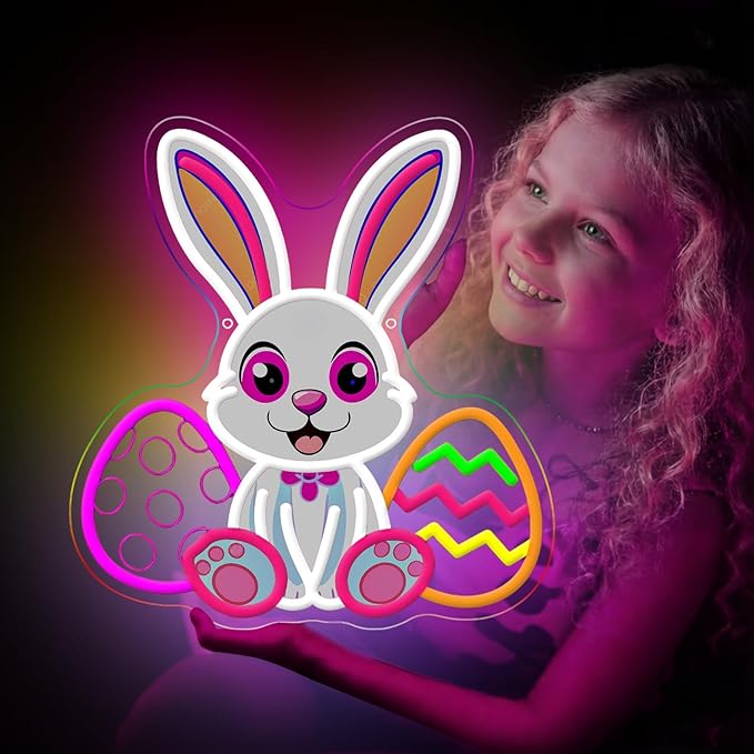 Easter Neon Sign, LED Light Up Bunny Eggs Decorations for Bedroom, Nursery Room, Classroom, Home, Acrylic Wall Mounted Lighted Cartoon Rabbit Decor, Easter Gifts for Boys and Girls, 14 x 13 Inches, USB Powered