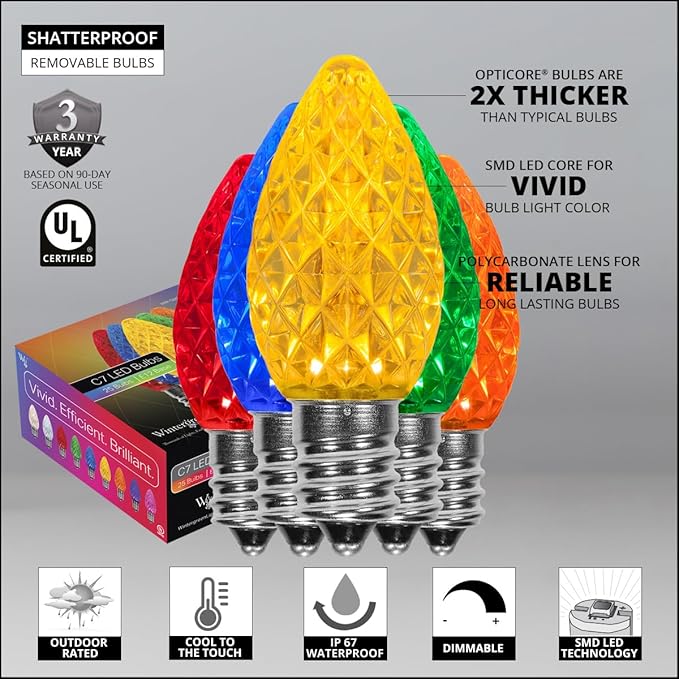 Wintergreen Lighting C7 OptiCore Commercial Multicolor Outdoor Christmas Lights for House, Party, Heavy Duty Bulbs on Green Wire (100 Lights, 100 ft)