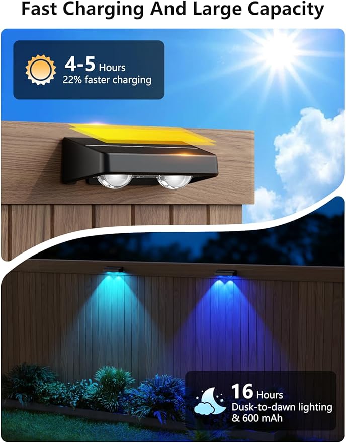 Solar Fence Lights Outdoor, 4 Pack Color Changing Fence Lights Solar Powered with 9 RGB Colors & 11 Lighting Modes, IP65 Waterproof Dusk to Dawn Fence Lights for Patio, Deck, Wall, Backyard